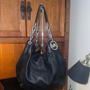 Michael Kors Black Pebbled Leather Shoulder Hobo with Silver Hardware